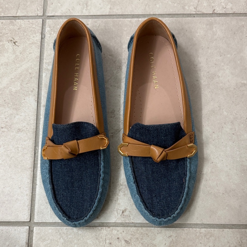 Cole Haan Denim Two-Tone Blue and Tan Leather Penny Loafers